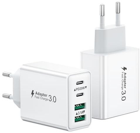 Chargeur USB C, 40W 4 Port Prise Chargeur Rapide USB C, 2Pack Multiple Secteur Double PD+QC 3.1A Type C Adaptateur pour iPhone 17 16 15 14 13 12 11 Pro Max 8 7 6S Plus Mini SE, iPad, Samsung Galaxy