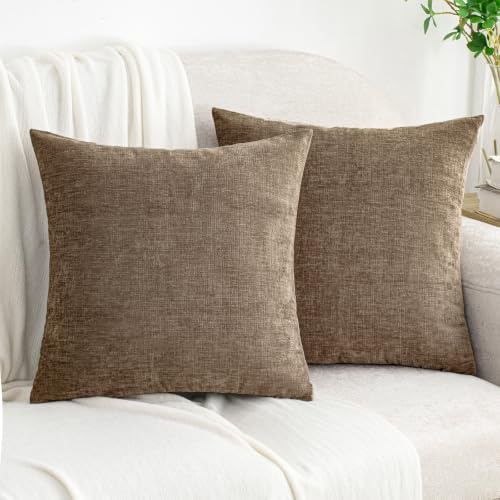 HWY 50 Taupe Chenille Luxury Cushion Covers 45 x 45 cm Pack of 2 | Solid, Soft Cosy, Modern Classic Decorative, Throw Pillow Covers for Sofa Couch Bed Living Room, Home Decor