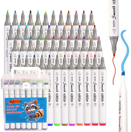 Tovtlan 48 Farben Marker Stifte Set, Doppelseitige Marker Stifte Filzstifte mit Anti-Seepage Abstandshaltern für Malerei, Zeichnung, Design, Manga，Skizzieren