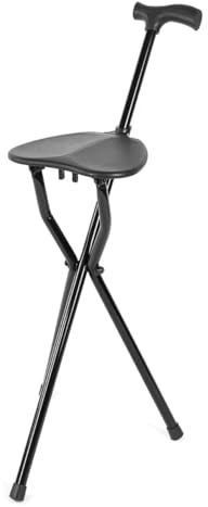 3-Legged Folding Walking Stick with Seat, Portable Walking Cane with Rest Stool, Black