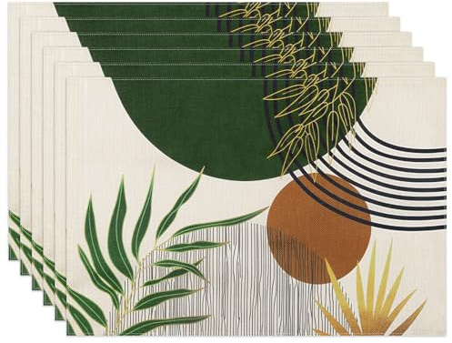fanquare Boho Leinen Platzsets für Tisch 6 Grünes Blatt geometrisch Bedruckte Tischsets Große Baumwolle Leinen rutschfeste Platzsets für Party Kitchen Restaurant (45x30CM)