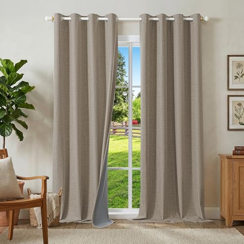 Runyéla 100% Verdunklungsvorhänge Leinen Gardinen mit Ösen 2er Set, Thermovorhang Hitzeschutz H 245 x B 140, Leinenoptik Vorhänge Blickdicht Schallschutz für Schlafzimmer Wohnzimmer