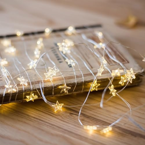 ENLACE LED-strängljus i stjärnform, 3 m, 30 LED, mikrotråd, stjärna, strängljus, fungerar med batteri, varm vit ljus, dekorativ julsträng, barnrum, sovrum