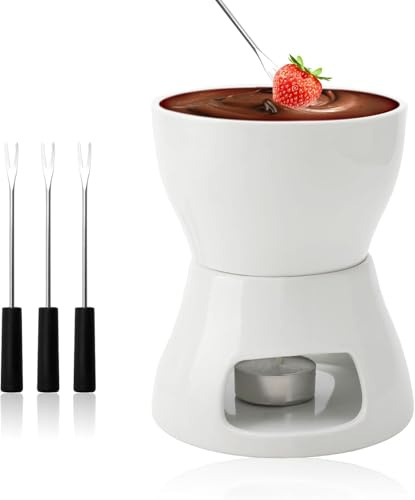 GZRXIOUS Service à fondue en céramique pour fondue au chocolat, fondue au chocolat et 4 fourchettes, bol en céramique avec photophore pour chocolat, fromage, fondue, dîner de famille, dessert