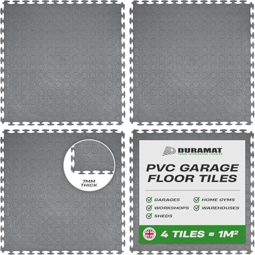 DuraStud Grey Heavy Duty Interlocking Garage Flooring Tiles | 500mm x 500mm x 7mm | PVC Garage Floor Tiles for Garage, Workshop, Home Garage & Showroom Flooring | Pack of 4 Tiles