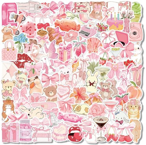 100 Pcs Pink Aesthetic Stickers, Cute Waterproof Vinyl Stickers for Water Bottles, Skateboard, Phone and Luggage, Personalised Laptop Sticker for Women and Girls