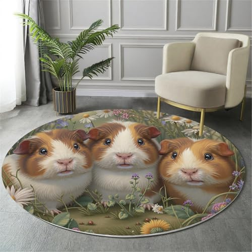 ALTCIRNMD Runder Kurzflor-Teppich 80Cm,Weich rutschfest,Pflegeleicht,Blumenmeerschweinchen Bräunlich-Weiß Graslandtiere,Für Wohnzimmer Schlafzimmer,Für Haushalte Mit Kindern Haustieren
