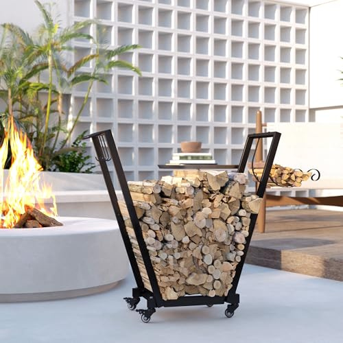 lafengyan Heavy-Duty Steel Firewood Rack with Casters for Indoor and Outdoor Use – Elevated Log Storage Organizer with Tool Hooks