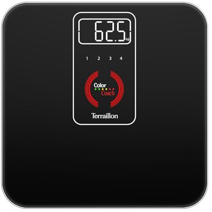TERRAILLON Balance Pese Personne avec Suivi couleur du Poids COLOR COACH UP | Suivi en couleur du poids -Vert -Orange - Rouge, 4 Mémoires, Ecran LED rétro-éclairé, Capacité 180 kg, Graduation 100g