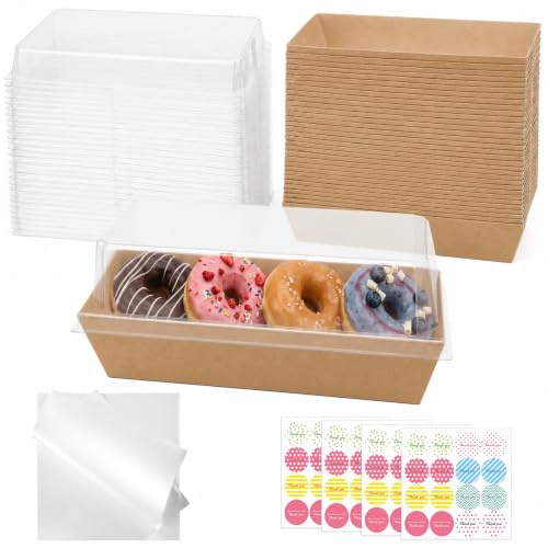CoKeeSun 50 Pack Paper Charcuterie Boxes with Clear Lids,17x7x6cm (Brown) | Reusable Cake Containers, with Baking Paper & Sticker, Rectangle To Go Box for Sandwiches Sushi Snack Cookie Dessert Pastry