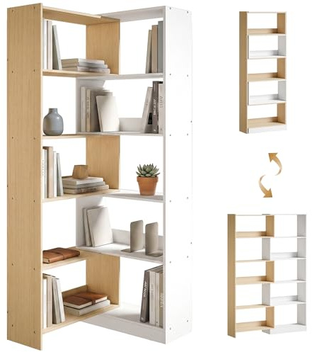 HOMCOM Libreria Scaffale a 5 Ripiani, Design Rotante a 350°, 3 Modi di Disporre, Libreria Angolare ad L Salvaspazio, Scaffale Portaoggetti per Soggiorno Ufficio, 111.5x23.8x163.7 cm Color Legno/Bianco