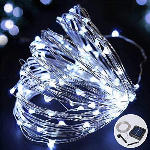 Sunboia Solar Lichterkette,100 LED Solar Lichterkette Weihnachten,Solar Silberdraht Lichterketten,Garten Außen,LED Lichterkette für Party,Weihnachten,Halloween,Fest Deko usw-weiß