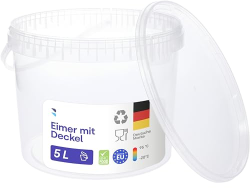 BenBow Eimer mit Deckel 5l transparent 5X 5 Liter - lebensmittelecht, stabil, luftdicht - Plastikeimer mit Henkel - leer