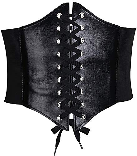 Glamorstar Corset Belt for Women Wide Elastic Tied Waspie Belts Lace-up Leather Waist Belts for Women Dresses 65cm Black