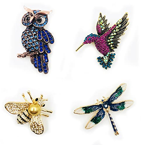 4 Stück Frauen Brosche Set, Tier Gestalten Kristall Brosche, Bunte Kristall Pin Brosche, Eule, Biene, Libelle, Kolibri-Brosche, für Kleidungsdekoration