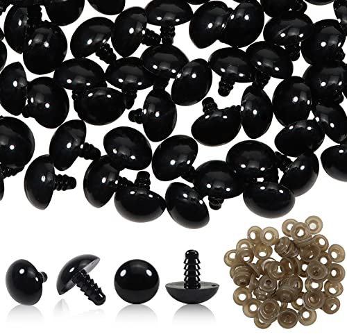 TOAOB 50 Stück Sicherheitsaugen für Häkeltiere 16 mm Schwarz Kunststoff | Knopfaugen mit Unterlegscheiben, für Amigurumi Basteln, Puppenaugen Teddyaugen für DIY Kreative Handwerk