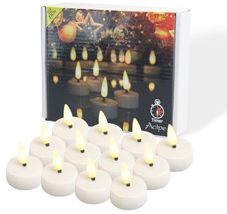 LED-Teelicht-Kerzen mit Timer, flackernde Flamme, 12 Stück, batteriebetrieben, realistisch, hell, geruchlos, Teelicht, künstliche Kerzen für Weihnachtsdekoration Geburtstag Halloween, Warmweiß