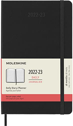 Moleskine - 18 Monate Tagesplaner, Terminkalender 2022/2023, Tagesplaner im Festen Einband und Gummibandverschluss, Maß Large 13 x 21 cm, Farbe: Schwarz
