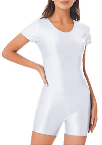 Freebily Damen Glanz Glatte Nylon Body Overall Sport Ballett Tanz Trikot Turnanzug Biker Training Bodysuit Strampler Clubwear Weiß L
