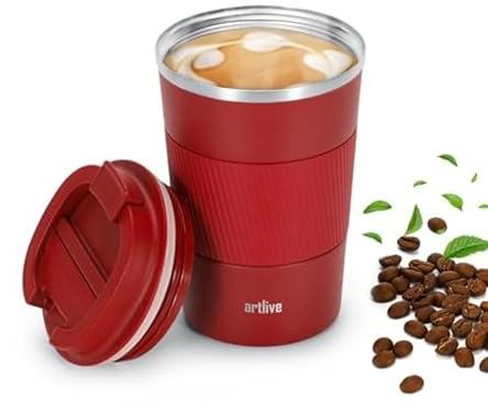Artlive Coffee Cup, Reusable, Insulated & Double Wall Travel Mug - Travel Cup Thermal Stainless Steel Eco-Friendly with Lid - Hot & Cold Coffee Mug (RedGrip, 380ml)