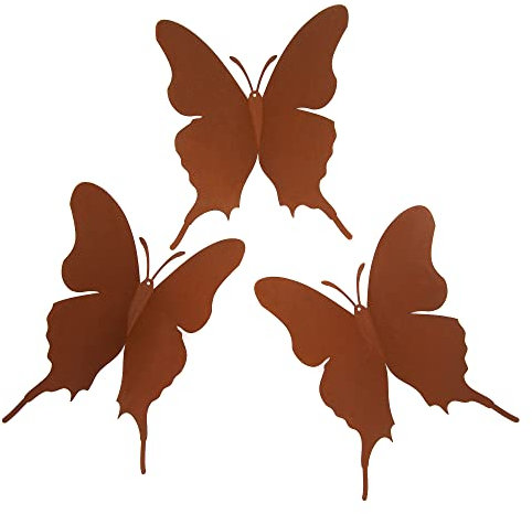 UNUS Lot de 3 papillons décoratifs de jardin à suspendre en métal rouillé aspect rouille pour jardin, terrasse et balcon