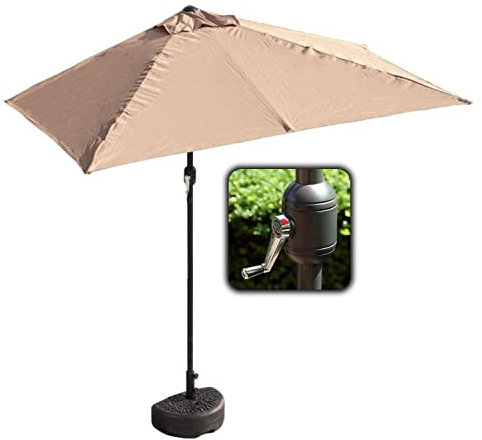 Sonnenschirm Balkon/Terasse Halbschirm, Handkurbel UV-Schutz 50+, Rechteckig 200 x 100 cm / 250 x 130 cm mit Halbrund Schirmständer(Khaki+Base,200x100cm)