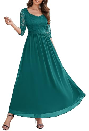 Wedtrend Aftonklänning, elegant, för bröllop, A-linje-formad cocktailklänning för damer, lång chiffong-/examensklänning, V-ringad spetsklänning, Påfågel grön, M
