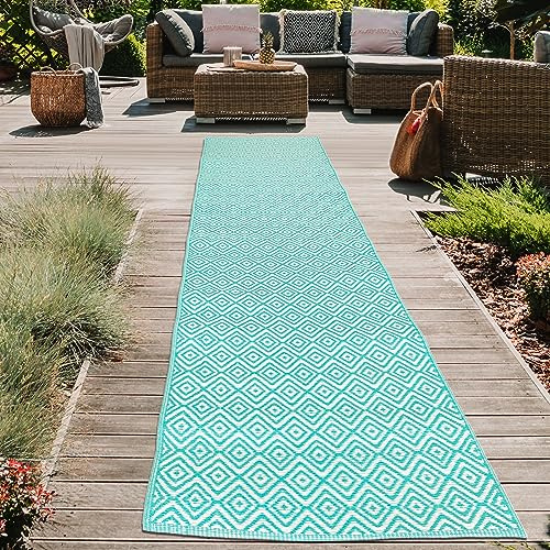 Teppich-Traum Tappeto da esterno in plastica resistente alle intemperie, riciclabile, per picnic, campeggio, spiaggia, balcone, lungo, reversibile, in polipropilene, a rombi, petrolio 90 x 300 cm