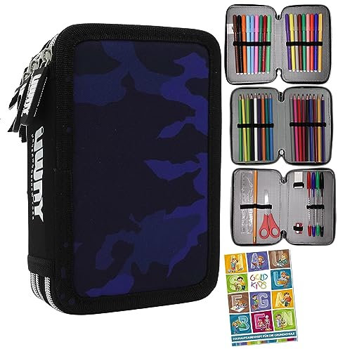 Goldkids Federtasche Federmappe Federmäppchen XXL Schüleretui Federtasche Federpenal Schulmäppchen Underwood New York Military Moro blau 3 Fächer 45-teilig gefüllt inkl Hausaufgabenheft