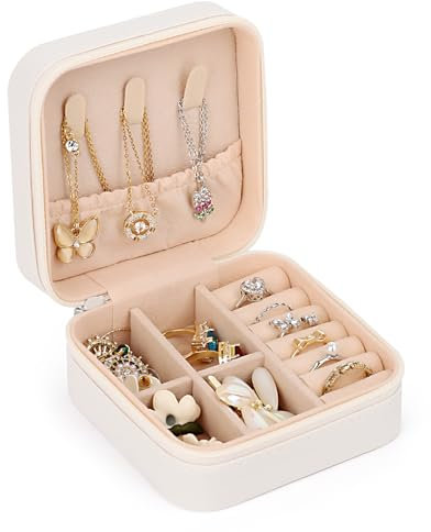 UKOFEW Portagioie portatile da viaggio, mini portagioie da viaggio, in poliuretano, per orecchini, anelli, collane (bianco)