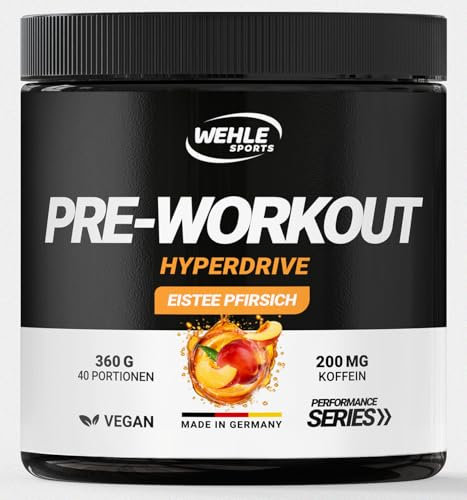 Wehle Preworkout (40 Portionen) Hyperdrive Eistee Pfirsich mit Citrullin, Beta Alanin, Taurin, Koffein, Guarana - hochdosiert - 360g - Verpackung kann variieren