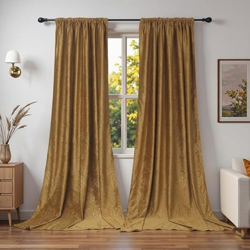 Rosnek 2 Stück Samt Vorhang Blickdicht Kräuselband,H225xB132CM Luxus Vorhänge Schlafzimmer Thermovorhang mit Multifunktionsband,Verdunkelungsvorhang Barock Deko,Gold