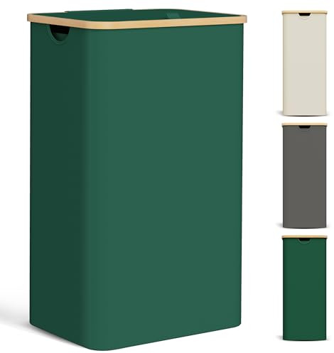 YOUDENOVA Wäschekorb mit Deckel 85L Wäschesammler schmal mit Wäschesack Groß faltbarer Wäschesortierer Holz Bambus Wäschetruhe hoch Laundry Baskets, Grün
