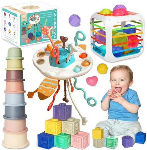 MutoToy Juguetes Bebes 6-12 Meses, 4 in 1 Juguetes Montessori 1 Años, Montessori Bebe 6-12 Meses con Juguete de Cuerda para Tirar, Juguetes Sensoriales, Bloques para Bebés, Cubos Apilables Bebe