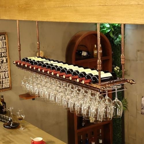 Thickened Shelves, Wine Rack Metal Ceiling Bottle Hanging Fixed, Decorative Rack bar Restaurant Kitchen Hanging Wine Glass Rack, Hanging Upside Down Glass Holder,Brass