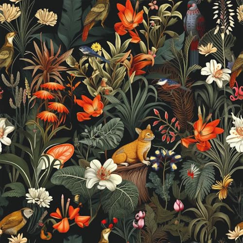 VEELIKE Jungle Exotische Schwarze Blumen Tapete 44,5 cm x 300 cm Tropischer Wald Vögel Fototapete Schlafzimmer Badezimmer Wanddekoration Flur