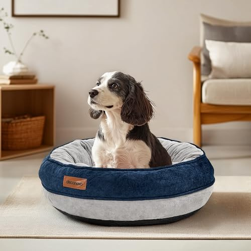 Deconovo Cosy Donut Dog Bed Medium– Soft Plush Cushion with Water Resistent Back & Non-Slip Base – Washable & Durable Nest for Dogs and Cats, 61x61x15cm, Navy and Light Grey