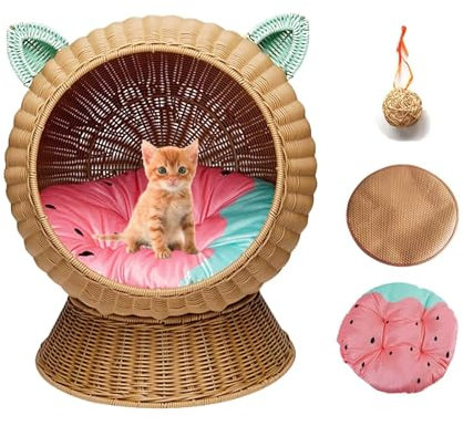 DLLDLGG Klassisches Handgewebtes Katzenbett Aus Rattan Mit Maschinenwaschbarem Kissen, Handgewebtes Katzenbett, Katzenhaus In Katzenform, Natürliches Rattan-Kratzbett, Atmungsaktiv Und Geruchslos