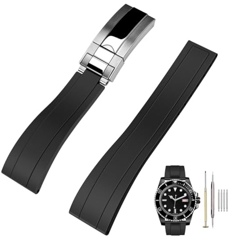 Kai Tian 22mm Kautschuk Uhrenarmband mit Faltschließe, Silikon Fluorkautschuk Sport Uhrenband Ersatzarmband für Herren Damen Schwarz