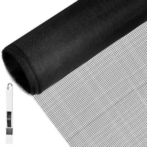BUZIFU Fliegengitter Meterware, Fiberglas-Fliegengitter Gewebe, 130 x 150 cm, Insektenschutz Gaze Fenster Mesh mit Fensterputzbürste, Schutz gegen Mücken, UV-beständig für Fenster und Türen(Schwarz)
