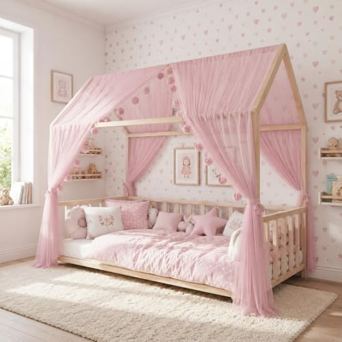 Baby Fancyroom Betthimmel für Hausbett, Bettvorhang aus Tüll, Beige, 2er Set mit Schleifen und Pompomgirlande, Baldachin für Kinderbett Mädchen (Rosa, 320cm, ohne Pompomgirlande)