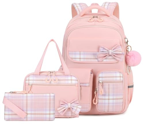 Amythe Zaino per Ragazze Delle Scuole Elementari e Medie 3 pezzi con Lunch Bag e Astuccio, Cartella Scolastica per Ragazze di 9-16 anni, Zainetto per Bambini Carino e Casual, Rosa