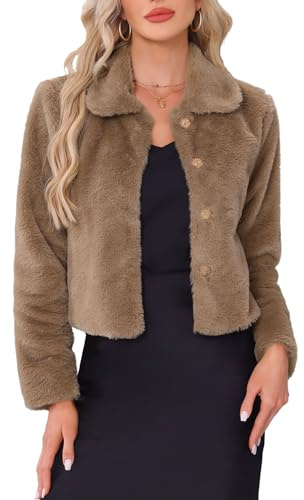 Allegra K Abrigo de Pelo Sintético para Mujer, Ideal para Bodas de Invierno, Botones a Presión Caqui L