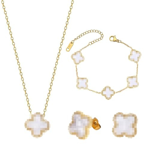MOSTEDE Vierblättriges Kleeblatt Schmuck Set 18k Vierblättriges Kleeblatt Halskette Ohrringe Armband Minimalistisches Vierblättriges Kleeblatt Anhänger Schmuckset Für Damen Und Mädchen, Weißgold