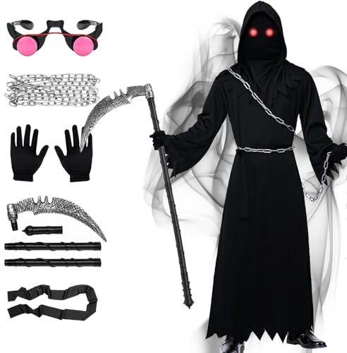 Antsparty Halloween Deguisement Faucheuse Costume Faucheur avec Cape Noire Lunettes Rouges Faucille Chaîne, Grim Reaper Costume pour Deguisement Halloween