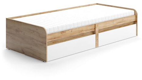 Vicco Kinderbett Clario, Weiß/Artisan, 90x200 cm mit Matratze, ausziehbar als Jugendbett mit zusätzlicher Liegefläche
