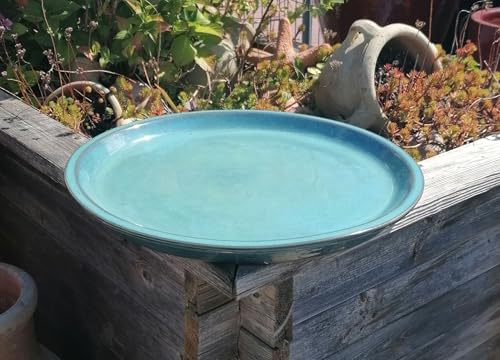 Generisch B-Ware !! Großer Untersetzer/Teller/Vogeltränke ø 43 cm aus winterfester Keramik türkis glänzend glasiert Unterteller Pflanztopf Garten Deko Mediterran