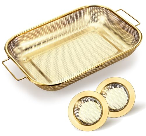 Acellegic 3 Pcs Gold over the Sink Colander and Strainer for Kitchen, Sink Strainer Basket, Collapsible Basket for Kitchen, Fruit Pasta Food Expandable Plastic Colander with Drain Stainless Steel