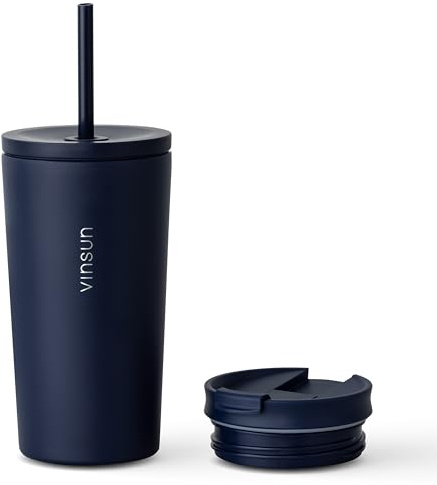 VINSUN Thermobecher Strohhalm 480ml inkl. 2 Deckel - doppelwandig isoliert | Strohhalm Deckel & Trinköffnung, auslaufsicher - Thermobecher Kaffee to go, Edelstahl - Kaffeebecher Thermo Heiß & Kalt
