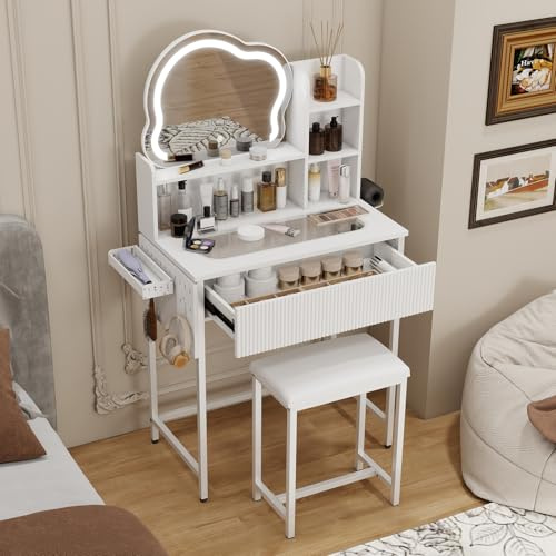 YU YUSING Toletta da Trucco con Specchio LED a Forma di Nuvola, Toiletta Trucco con Sgabello, Tavolo da Trucco con 3 ripiani e 1 cassetto, Set Toeletta Moderno, Piano in Vetro, 70x40x135 cm, Bianco